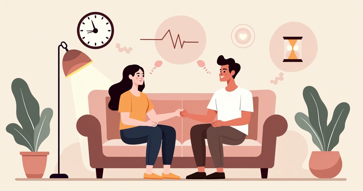 Casal relaxado de mãos dadas ao lado de ilustração de relógio e ampulheta representando tempo do prazer 