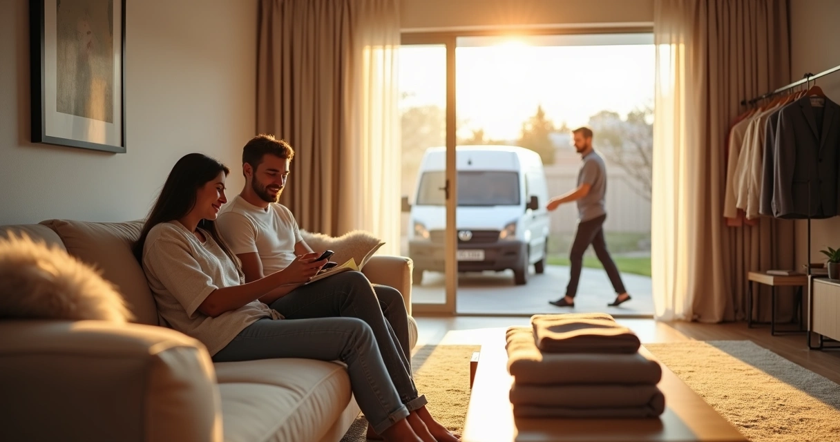 Casal relaxa em sala moderna enquanto lavanderia cuida das roupas limpias em fundo desfocado 