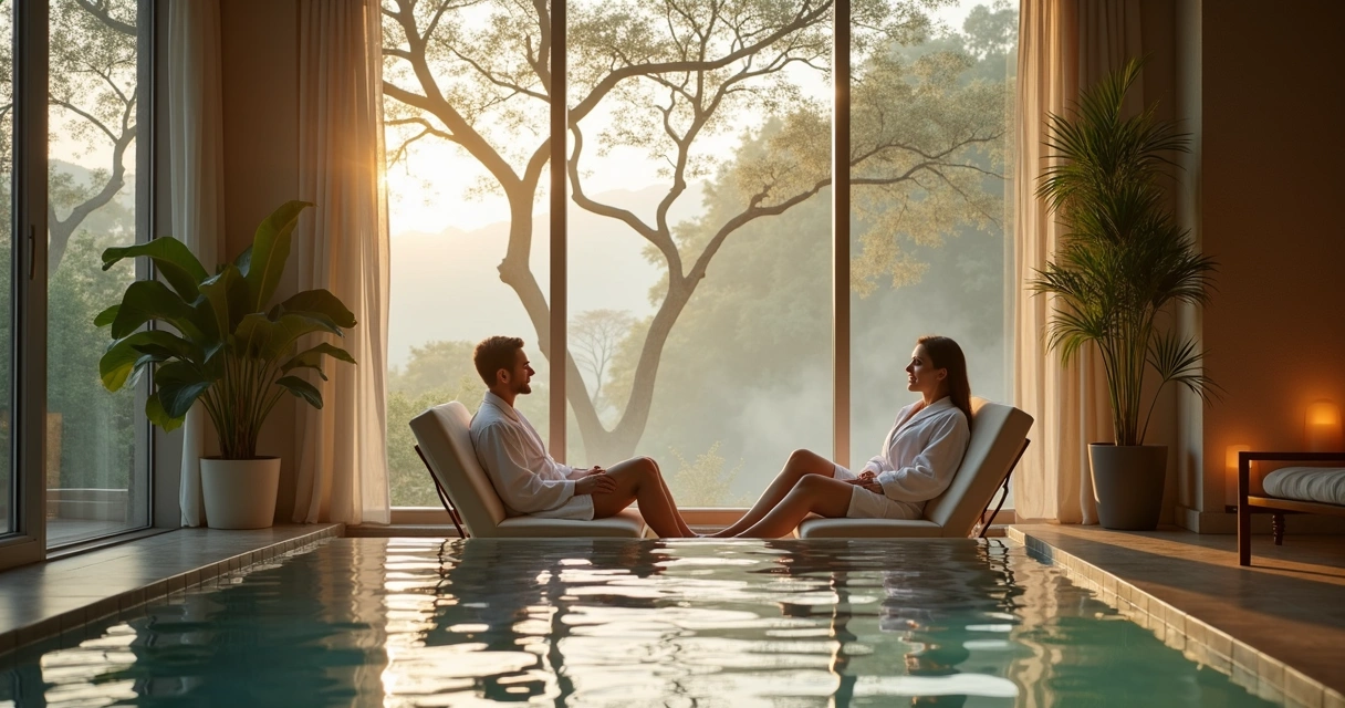 Casal relaxando junto em spa com arquitetura moderna e contato com a natureza 