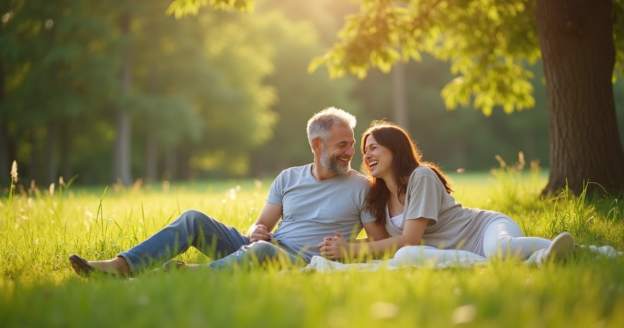 Casal relaxando juntos na natureza, sentados em um gramado, sorrindo e se olhando