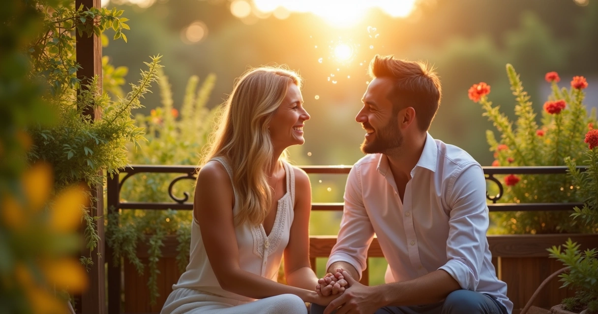 Casal sorrindo em ambiente iluminado após mesa radiônica 