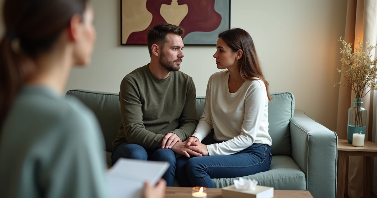 Casal em sessão de terapia simbolizando reconstrução da intimidade 