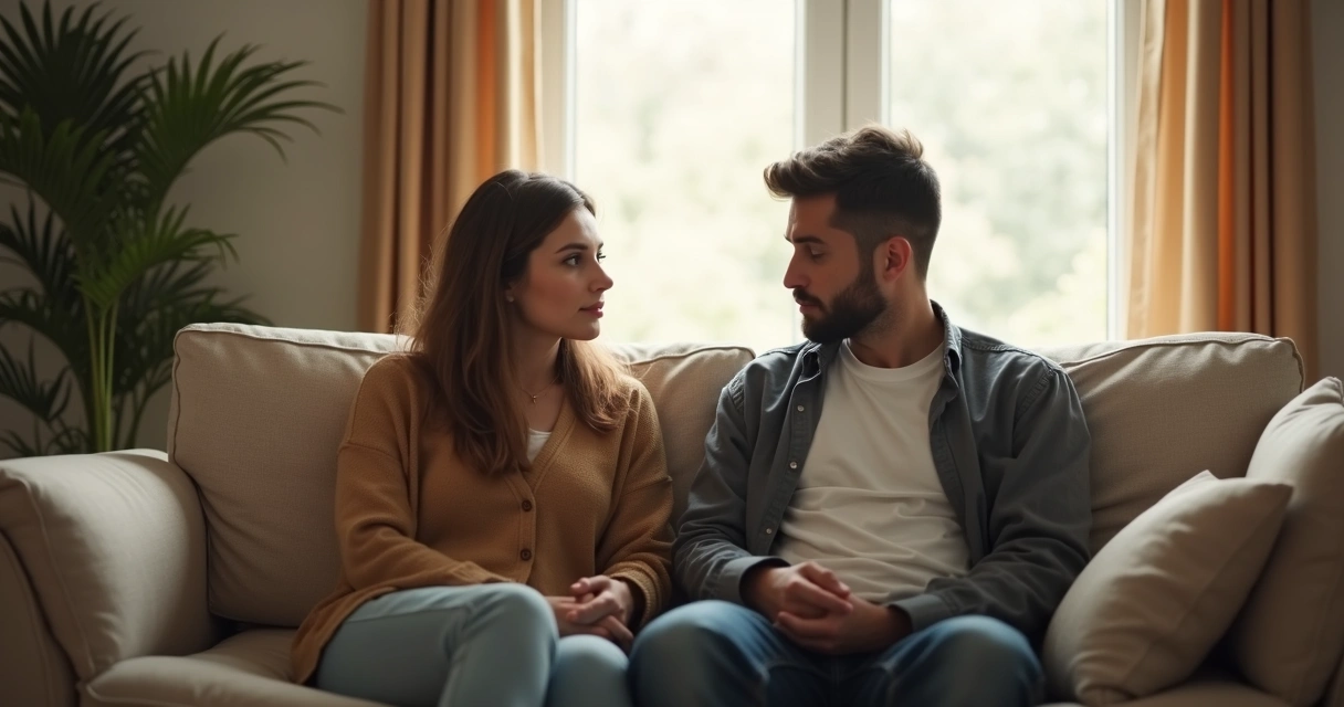 Casal sentado em um sofá, ambos olhando para lados opostos em silêncio 