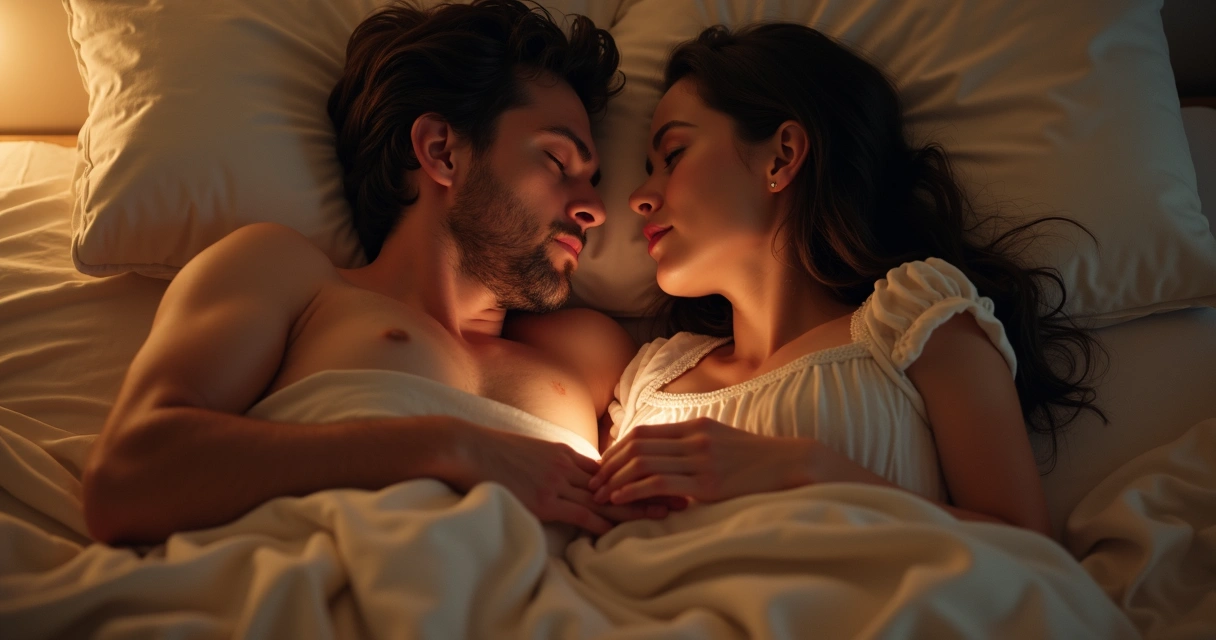 Casal deitado respirando juntos na cama 