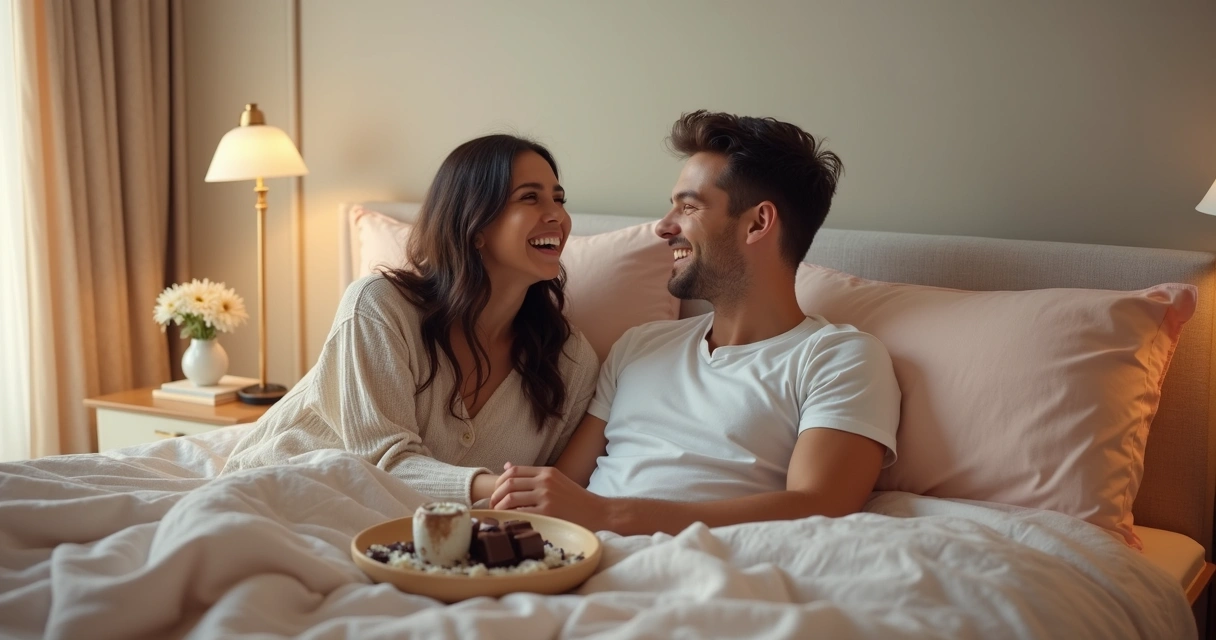 Casal sorrindo juntos em quarto aconchegante 