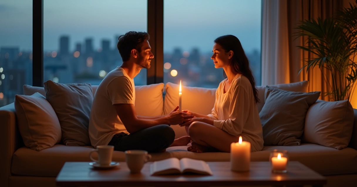 Casal sentado em sofá praticando ritual silencioso com velas acesas ao entardecer 