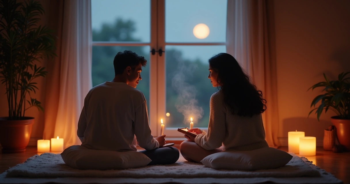 Casal sentado em almofadas realizando ritual lunar
