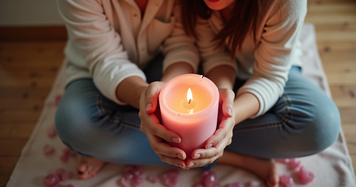 Casal segurando vela rosa juntos em ritual de renovação 