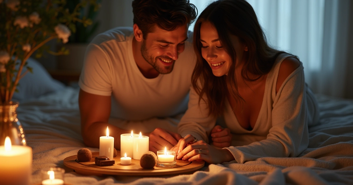 Casal preparando ambiente íntimo com velas, aromas e chocolates 