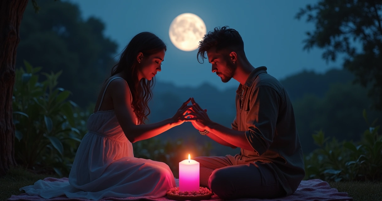 Casal fazendo ritual com vela sob a Lua Cheia 