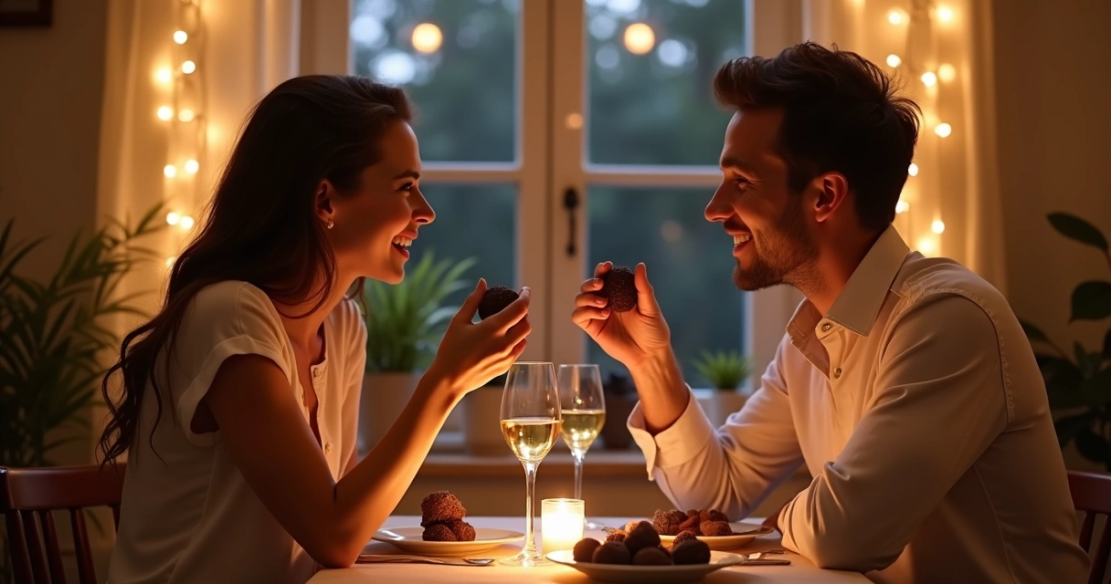 Casal sorrindo compartilhando chocolate romântico