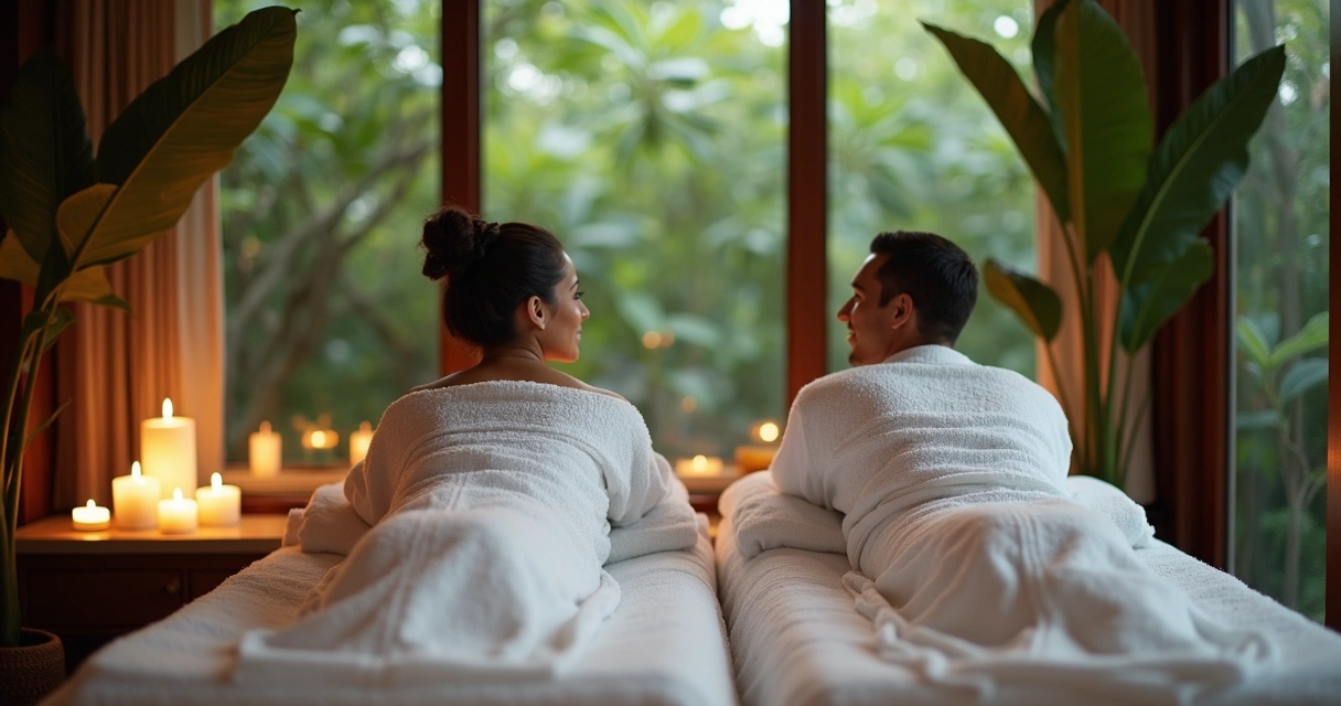 Casal aproveitando spa de resort no Brasil 