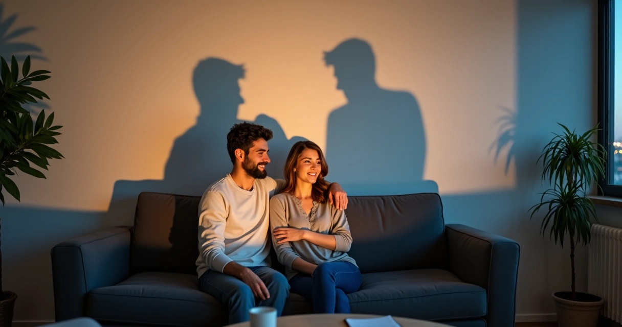 Casal em um sofá mostrando proximidade enquanto uma sombra projetada revela distância emocional 