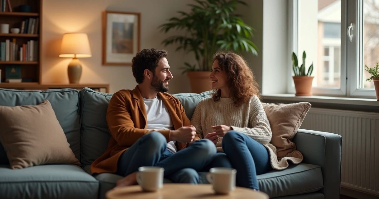 Casal sentado no sofá da sala conversando