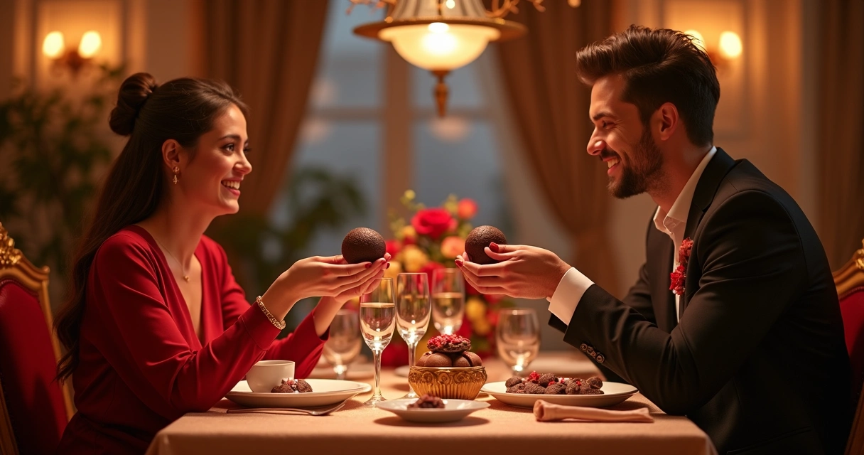Casal sorrindo, brindando com chocolates em ambiente romântico 