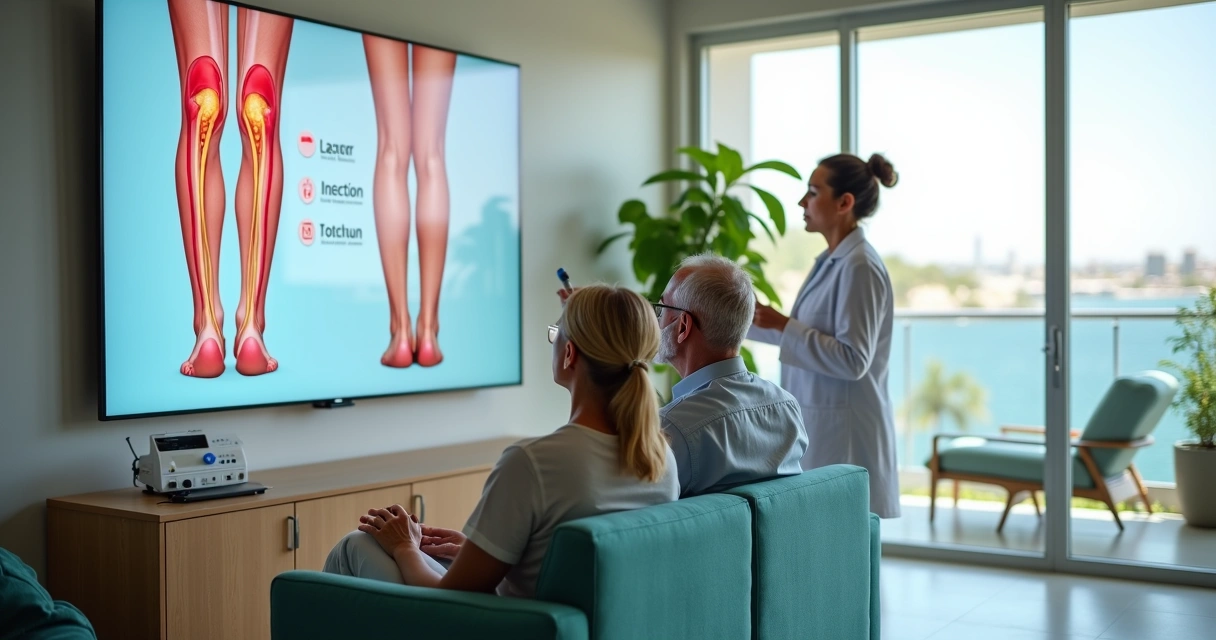 Casal observando ilustração de veias das pernas em tela durante orientação vascular em Salvador 