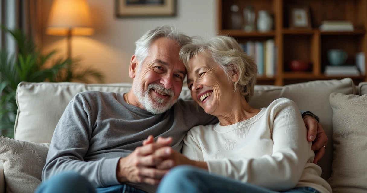 Homem e mulher sentados juntos sorrindo, demonstrando satisfação mútua 