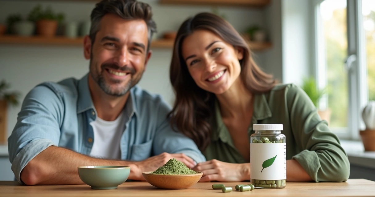 Casal sorridente segurando cápsulas de moringa