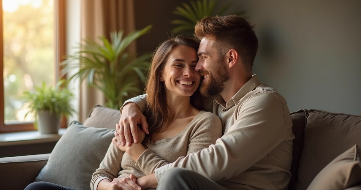 Casal sorrindo se abraçando em casa, ambiente confortável 