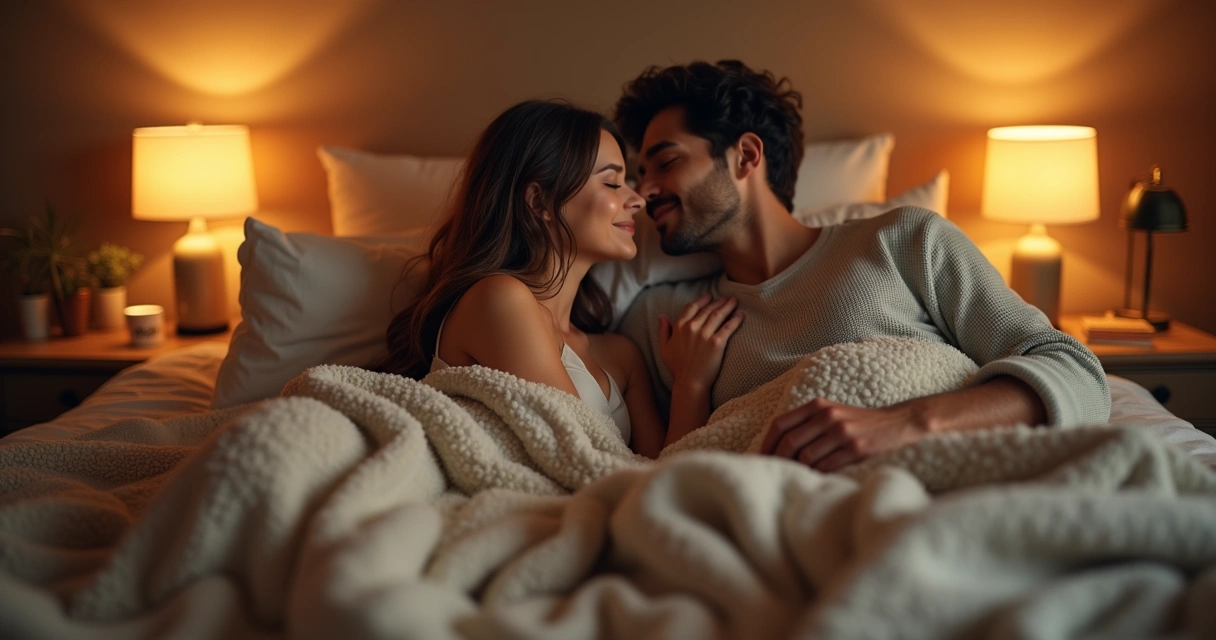 Casal se acariciando na cama com ambiente aconchegante