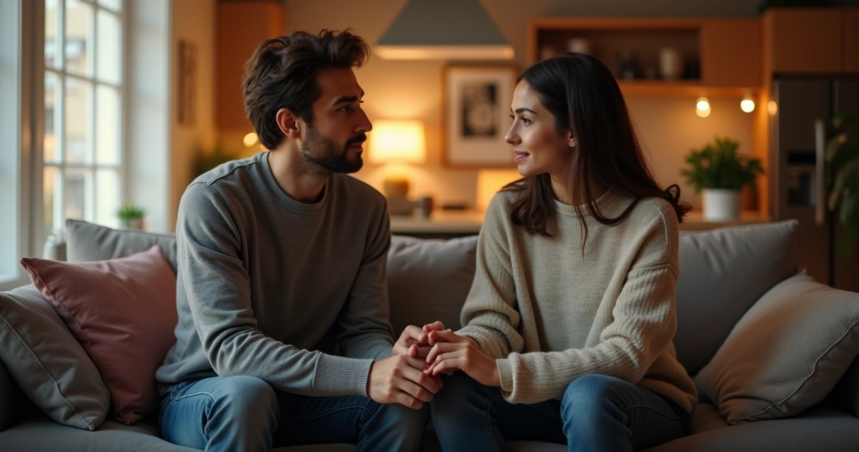 Casal se olhando intensamente em conversa séria 