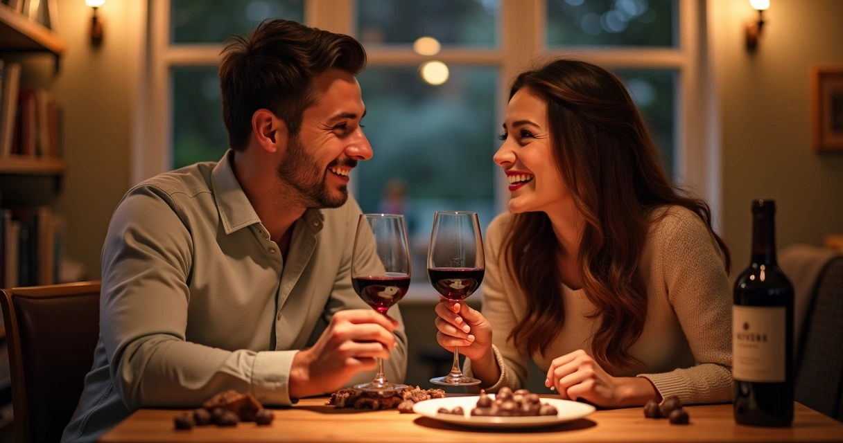 Casal sorrindo juntos com chocolate e taça de vinho 