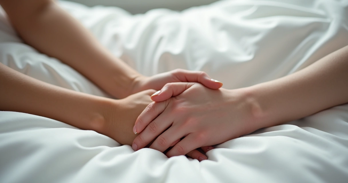 Mãos de casal entrelaçadas sobre lençol branco 
