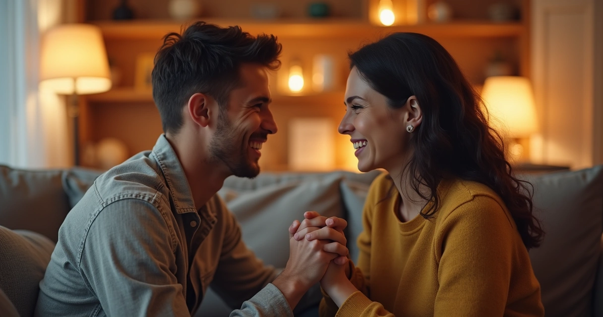Casal sorrindo, de mãos dadas, sentados frente a frente em um ambiente acolhedor 