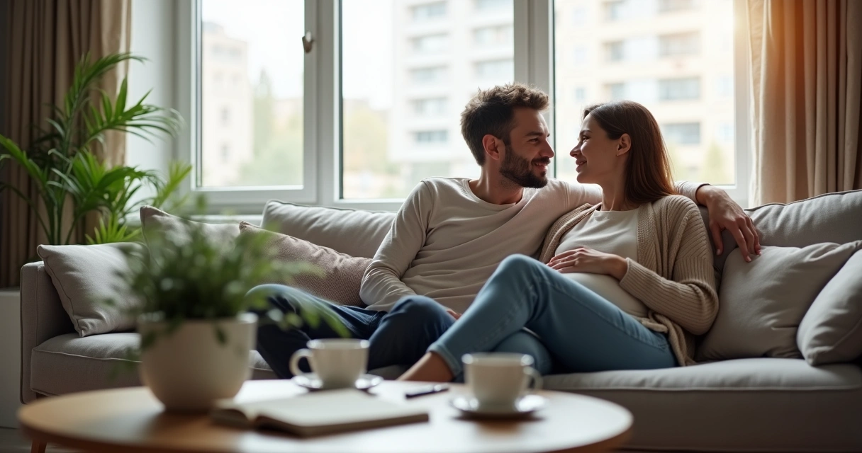Casal sem filhos sentado no sofá em silêncio reflexivo 