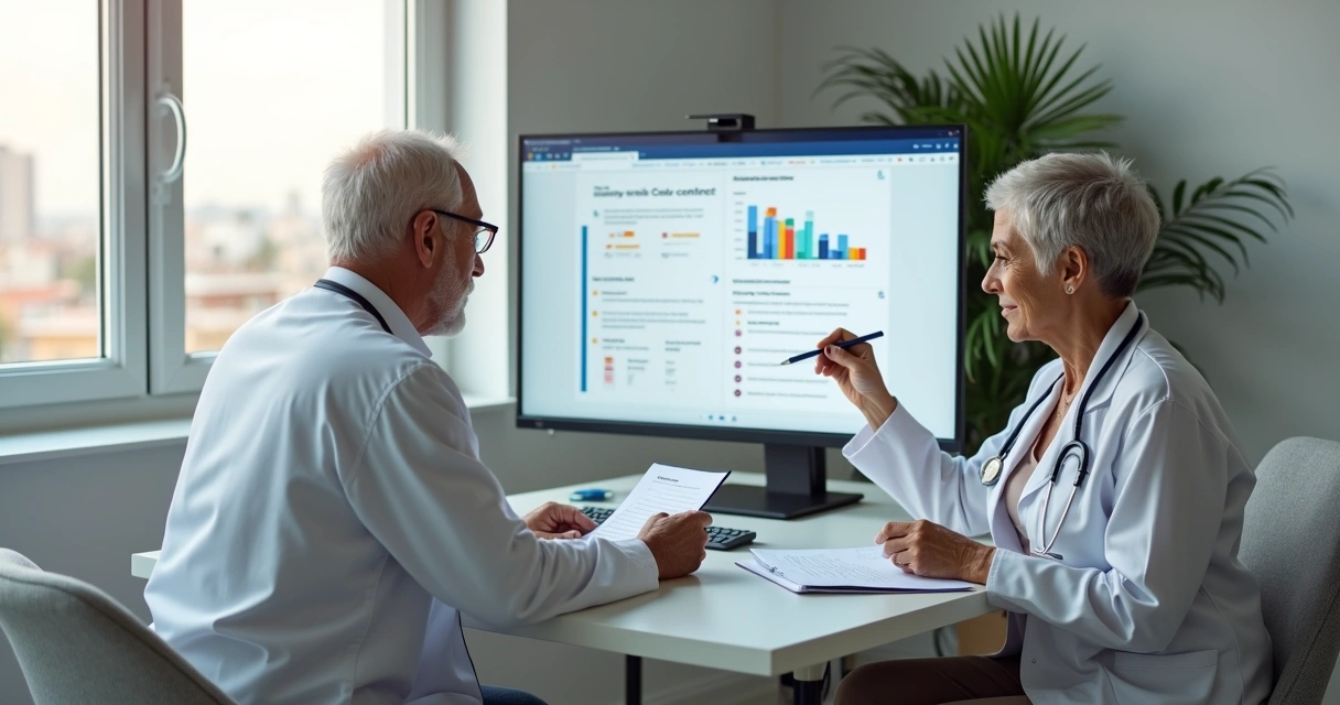 Casal sênior conversando com médica em consultório moderno 