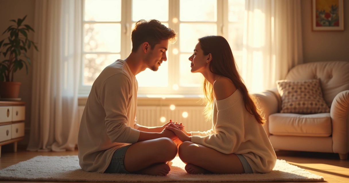 Casal sentado de frente um para o outro, olhos fechados, mãos dadas, ambiente claro e suave 