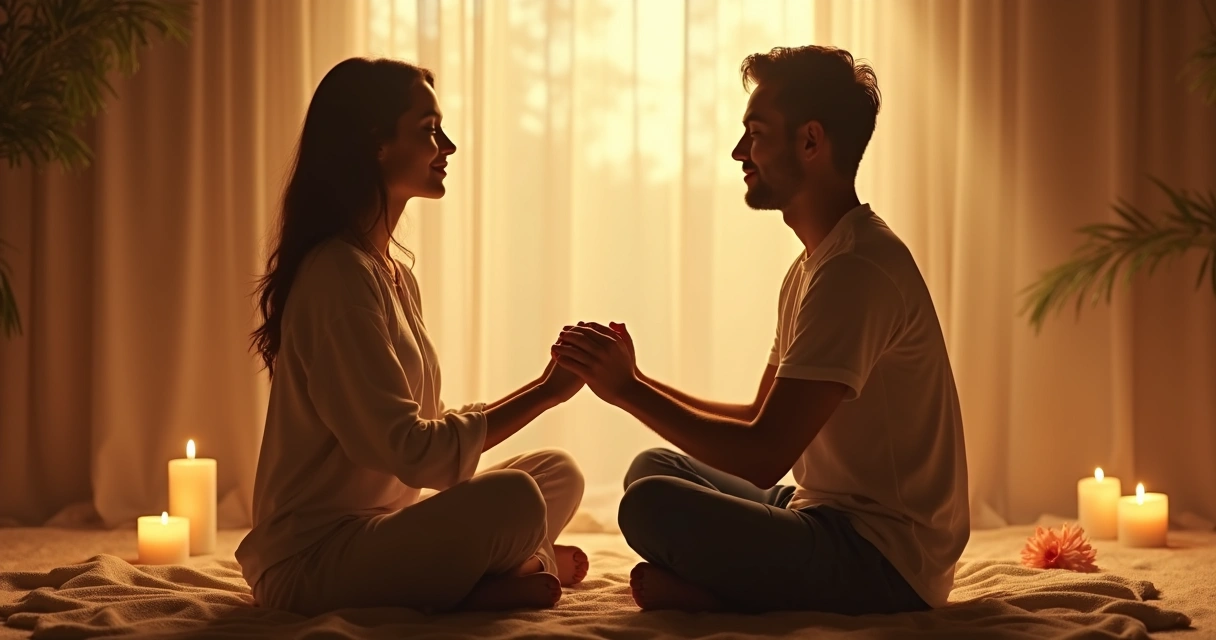 Casal sentado meditando juntos 