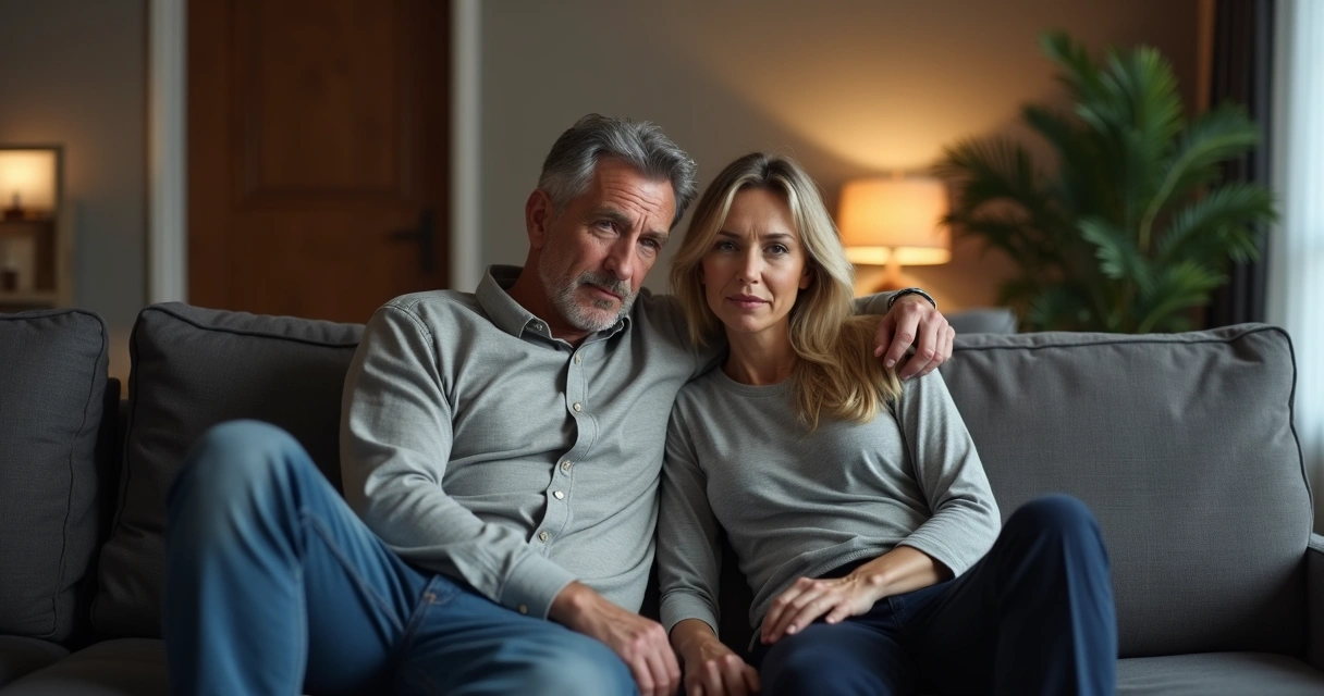 Casal sentado em sofá conversando de forma calma 