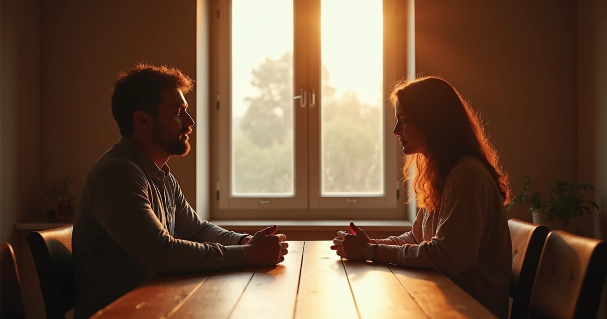 Casal afastando as mãos na mesa, atmosfera tensa. 