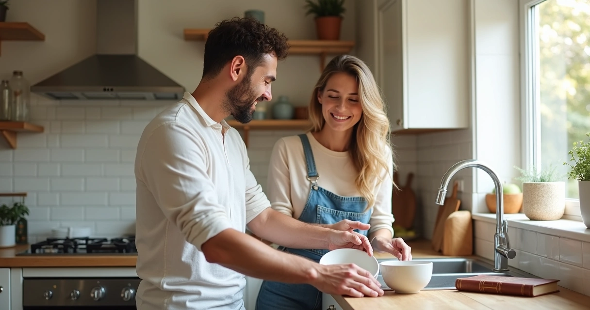 Casal cristão sorrindo, se ajudando em tarefas domésticas juntos