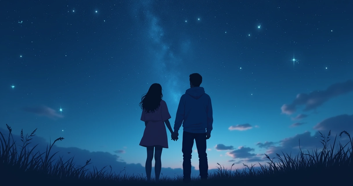 Casal de mãos dadas olhando juntos para um céu estrelado com constelações. 