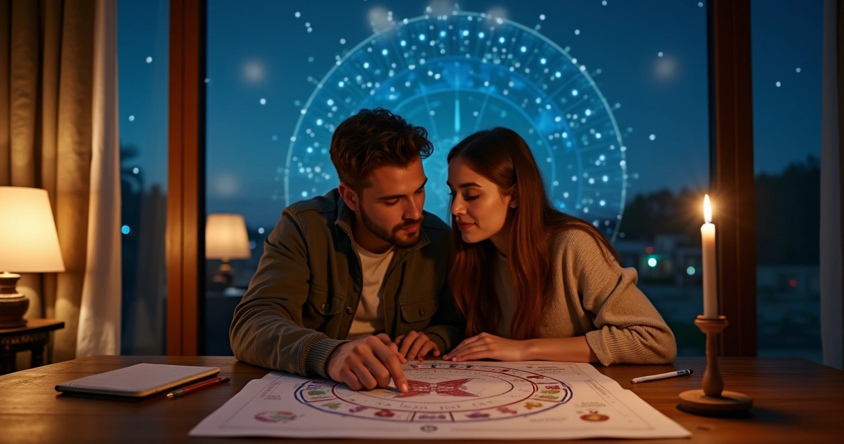 Casal observando mapa astral colorido com constelações ao fundo 