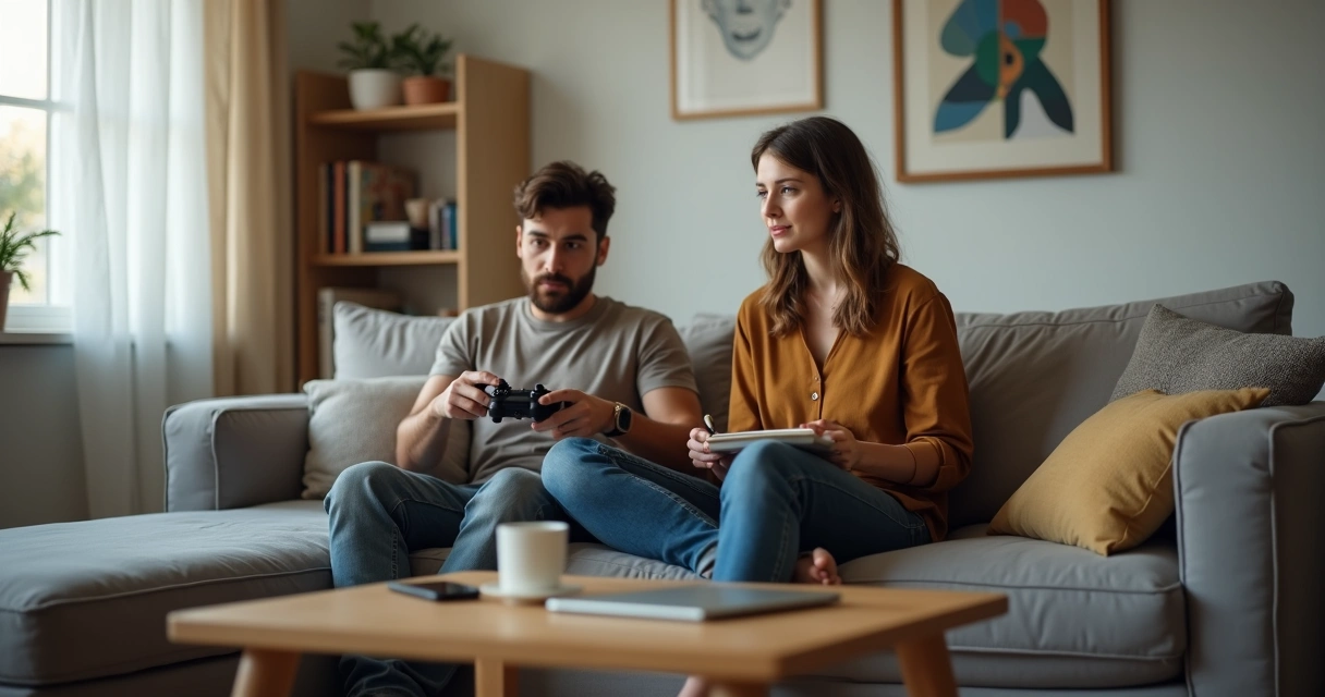 Mulher tranquila conversando seriamente com homem distraído no sofá 