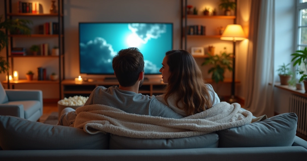 Casal assistindo filme abraçado no sofá 