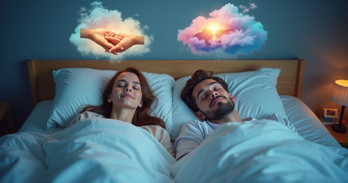 Casal dormindo lado a lado em uma cama, ambos com expressões serenas, com nuvens de sonhos coloridas acima de suas cabeças mostrando imagens semelhantes. 