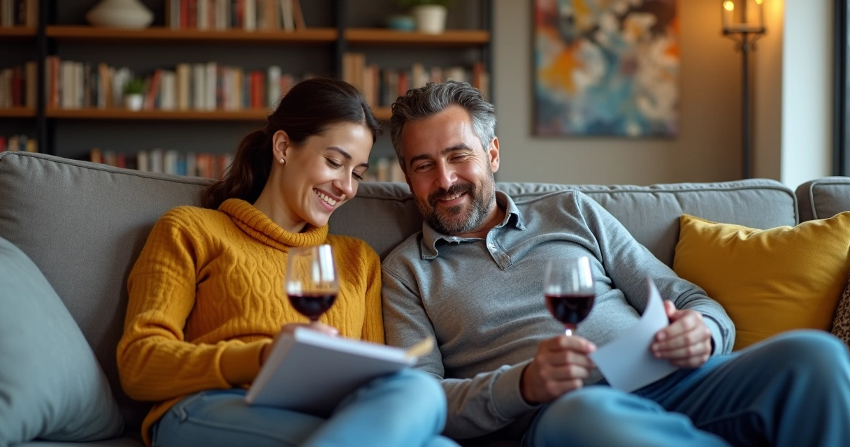 Casal sorrindo no sofá com bloco de anotações e taças de vinho