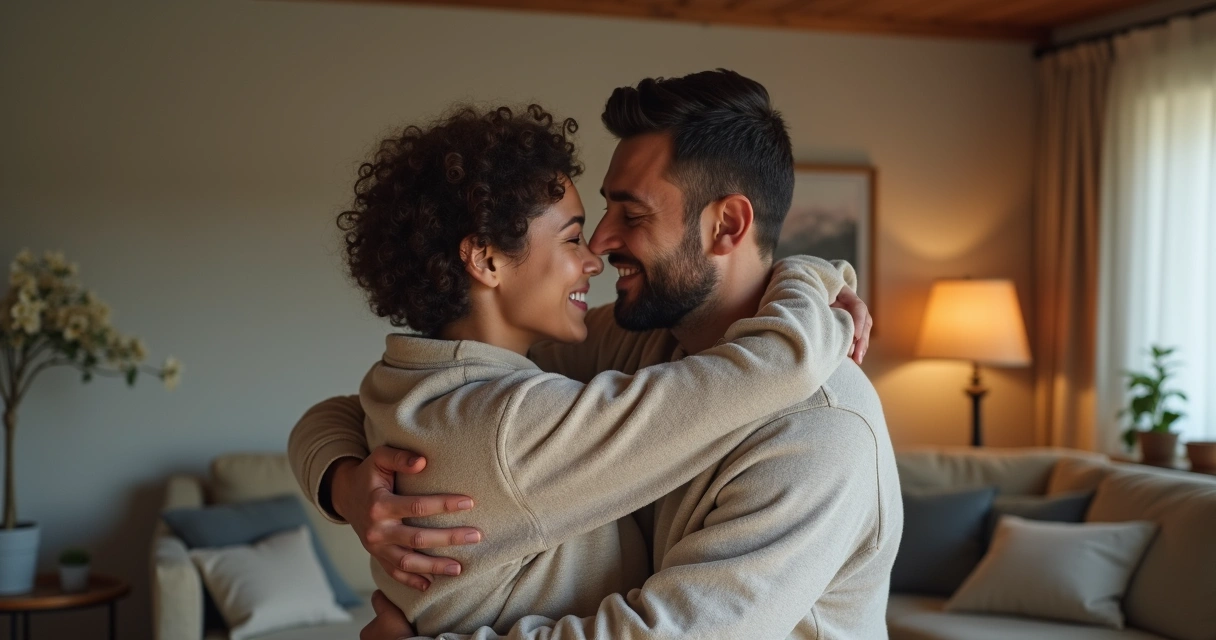 Casal sorodiferente trocando abraço íntimo em ambiente doméstico