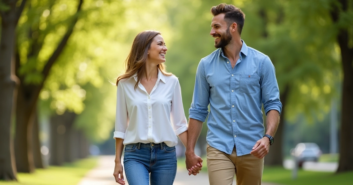 Casal sorodiferente caminhando juntos de mãos dadas em parque 