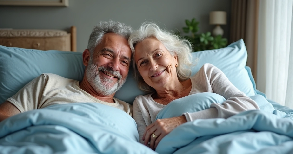 Casal sorridente deitado na cama, demonstrando carinho e intimidade. 