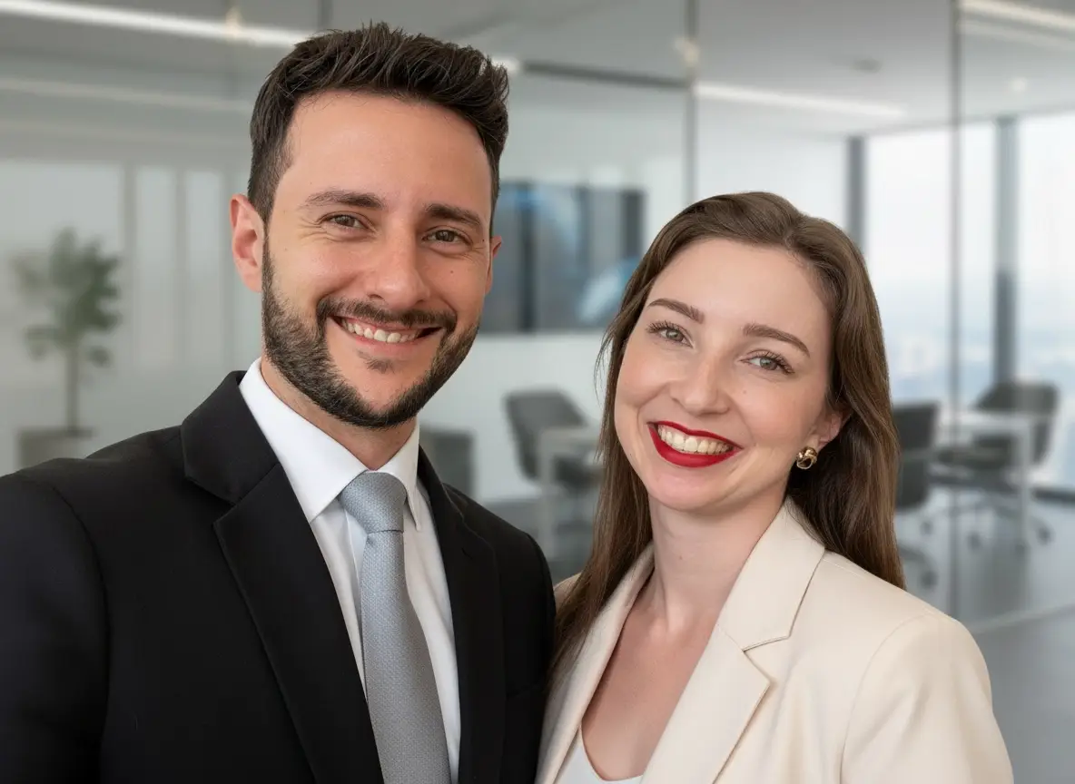 Cris e Kenni sorrindo em ambiente de escritório moderno