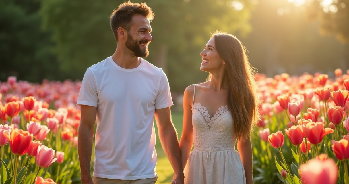 Casal sorrindo de mãos dadas cercado de flores 