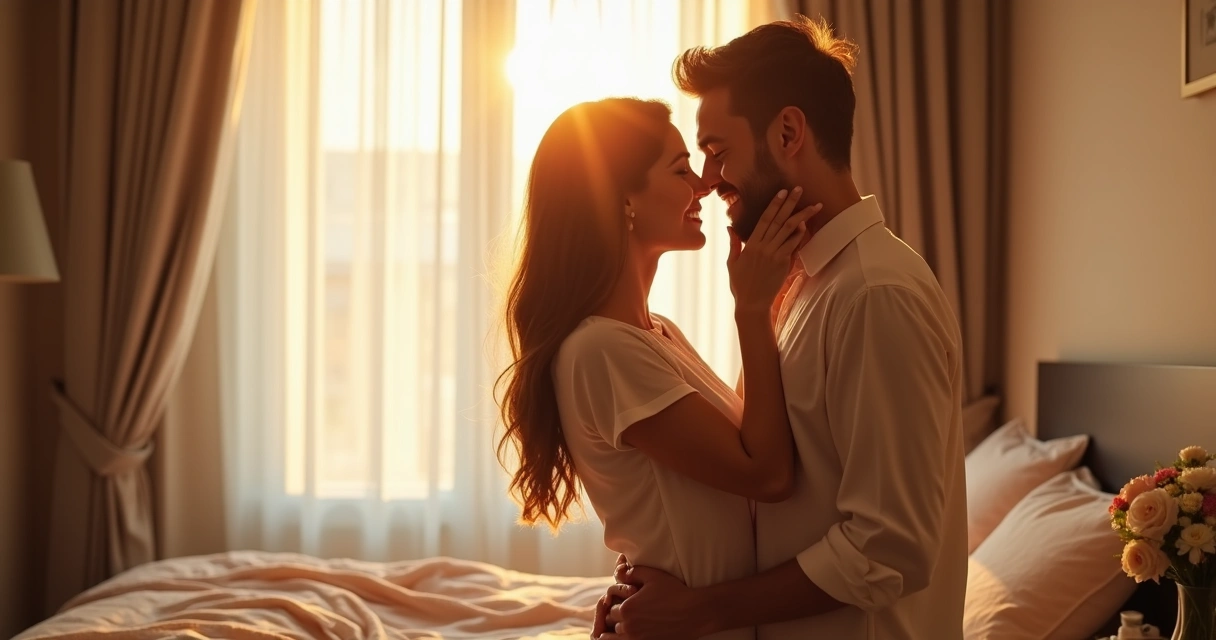 Casal sorrindo prestes a se beijar em clima de cumplicidade 