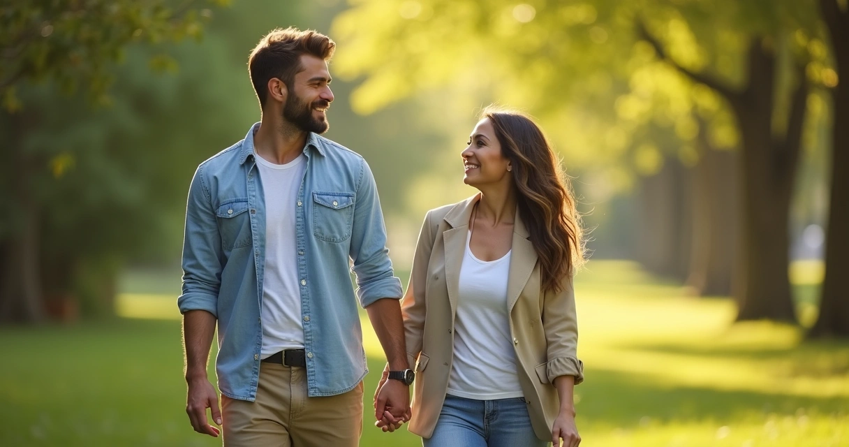 Casal sorridente caminhando de mãos dadas em parque 