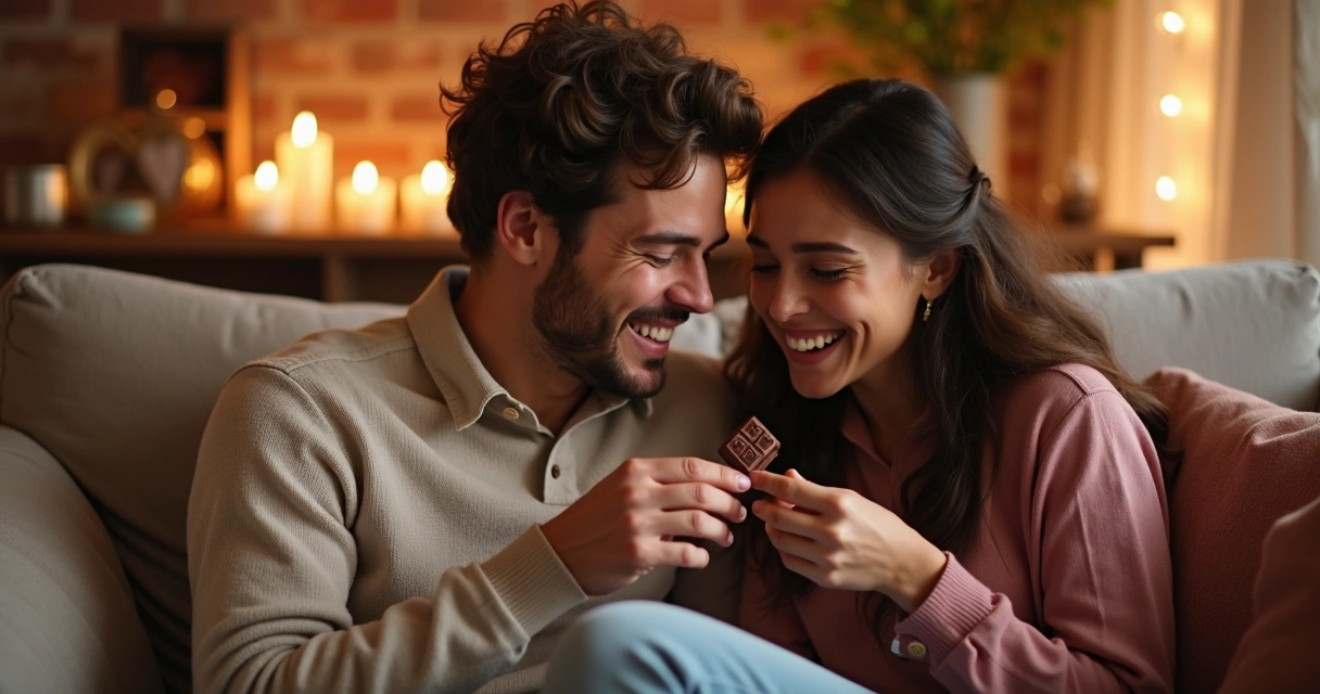 Casal sorrindo enquanto compartilha um chocolate 