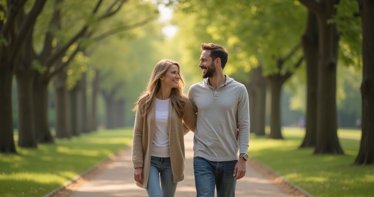 Casal sorrindo em um parque com árvores ao fundo.